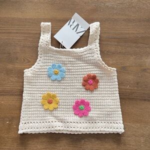 Zara Kids Cream Crochet Tank with Colorful Flower Appliqués